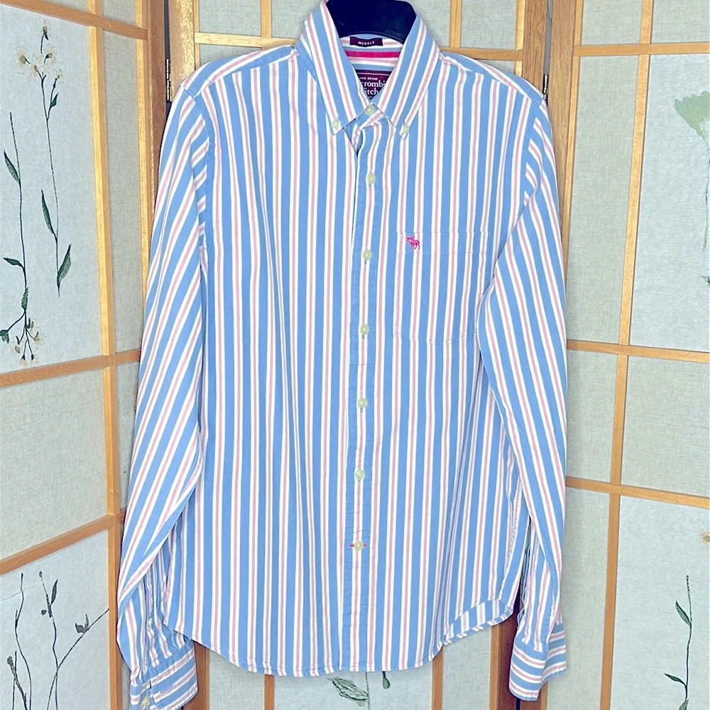 Abercrombie & Fitch Men’s Blue and Pink striped Muscle Dress Shirt Medium - Picture 3 of 11